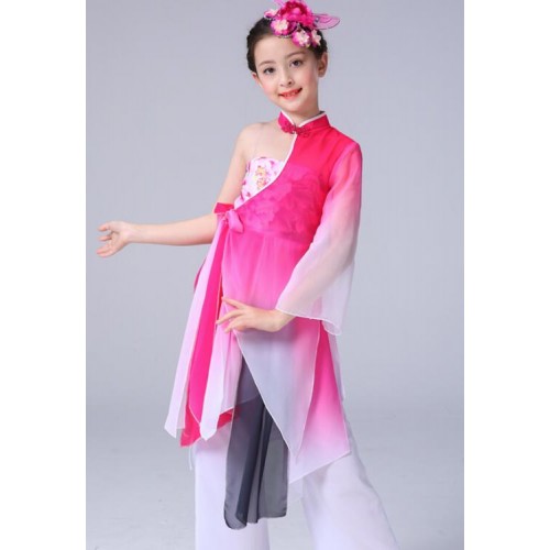 Girls chinese folk dance costumes kids pink black gradient colored stage performance yangko fan umbrella dance dresses